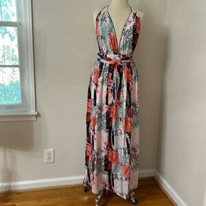 NWT AMERICA & BEYOND Playful Petals Halter Maxi Dress L.